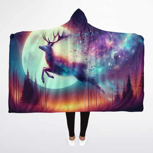 Moonlit Cosmic Stag Micro Fleece Hooded Blanket