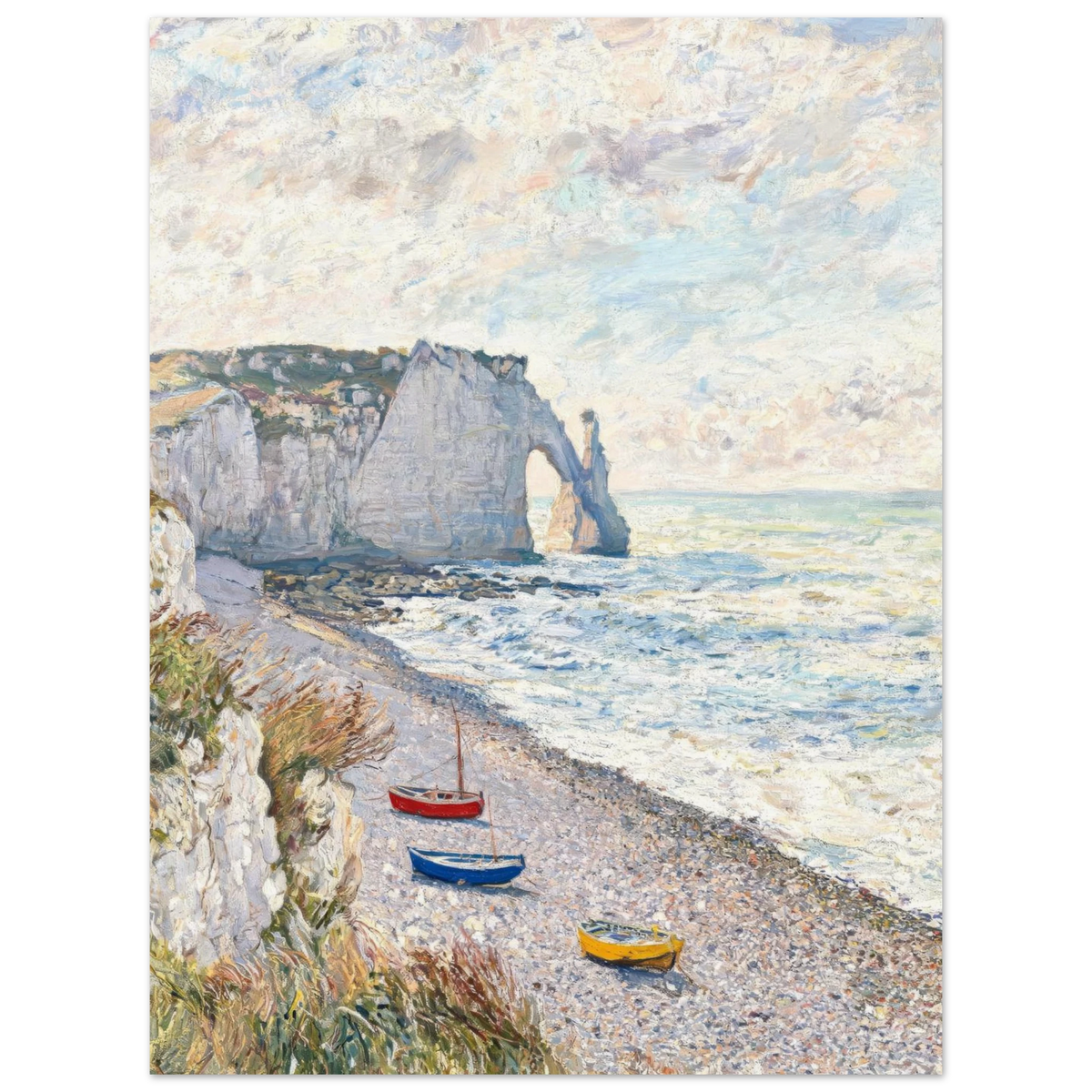 Impressionist-style painting of a coastal beach scene with large white cliffs, a pebbled shore, blue sea, and small boats in red, blue, and yellow. The artwork is shown centered on a light gray background.