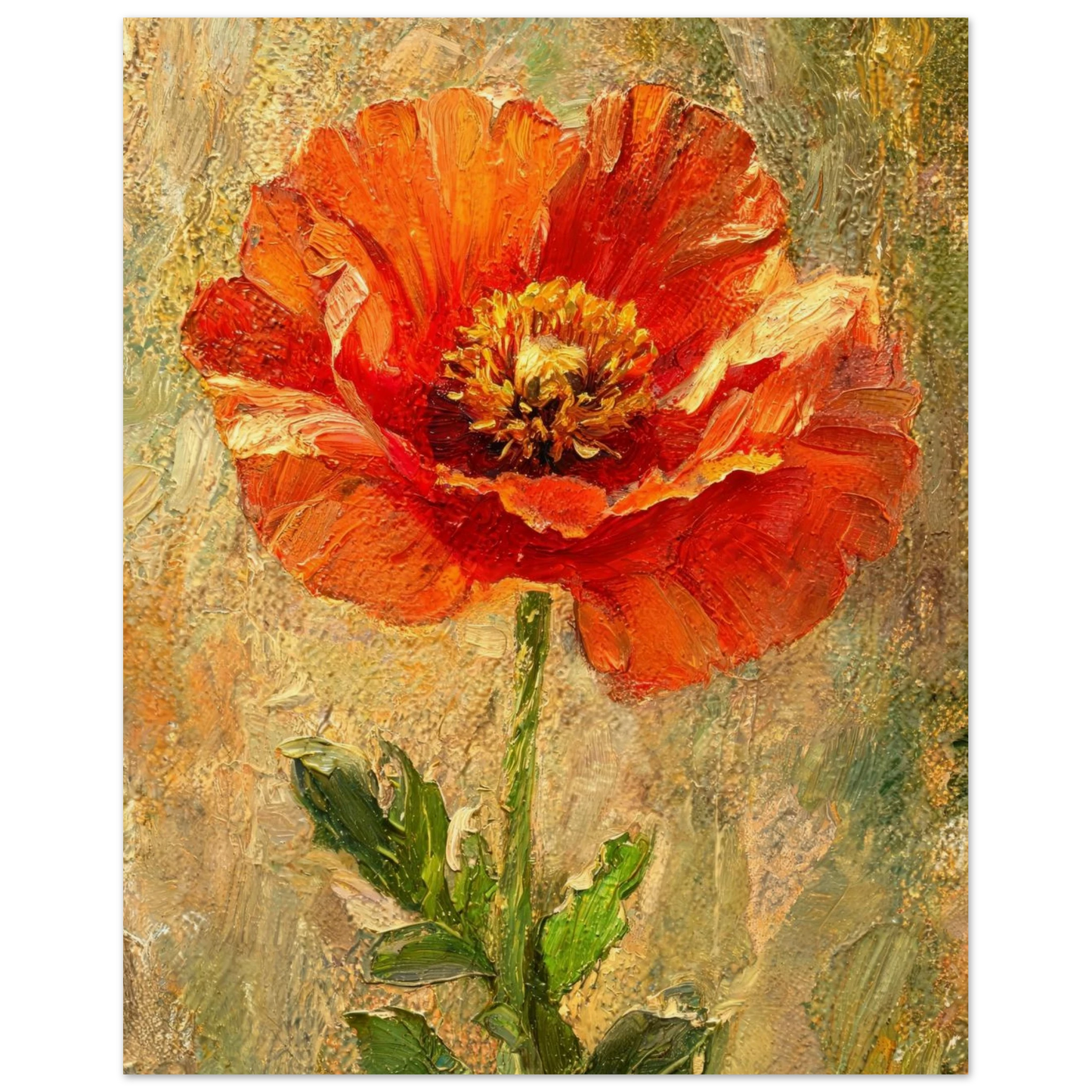 An impressionistic painting of a single red-orange poppy flower with green leaves on a textured beige and olive background.