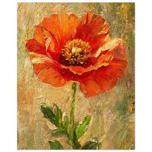 An impressionistic painting of a single red-orange poppy flower with green leaves on a textured beige and olive background.