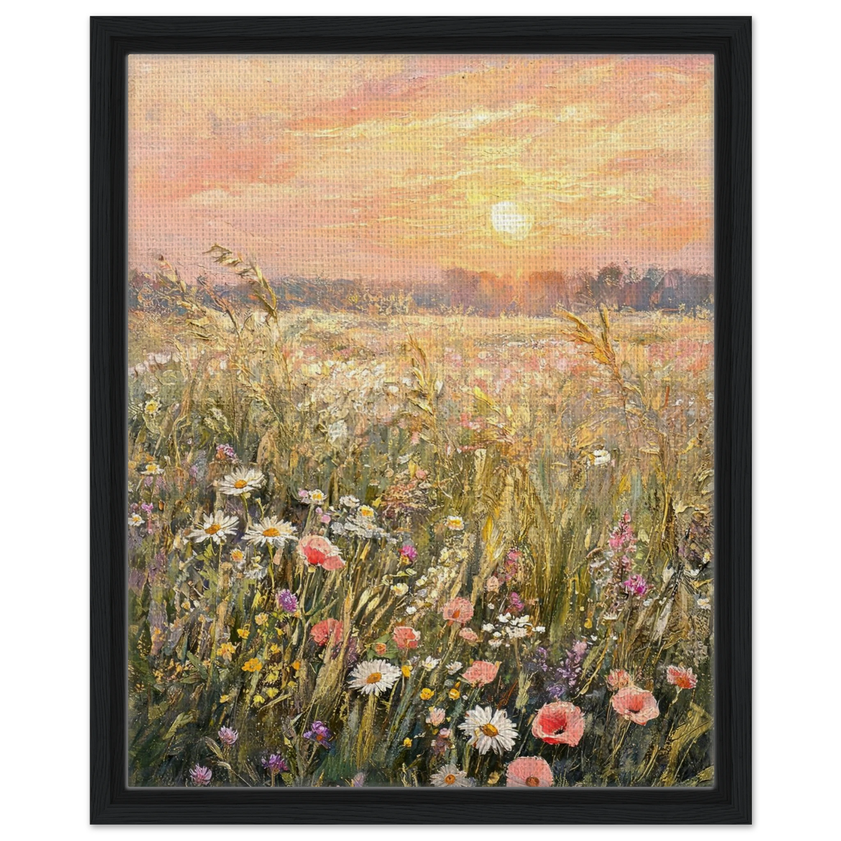 Framed canvas wall art featuring an impressionistic meadow of wildflowers under a warm sunset sky, shown in a black frame against a white background.