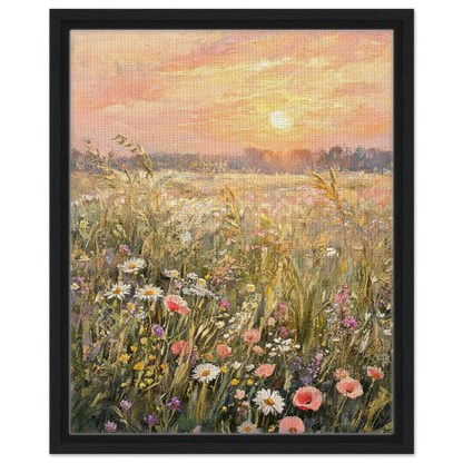 Framed canvas wall art featuring an impressionistic meadow of wildflowers under a warm sunset sky, shown in a black frame against a white background.