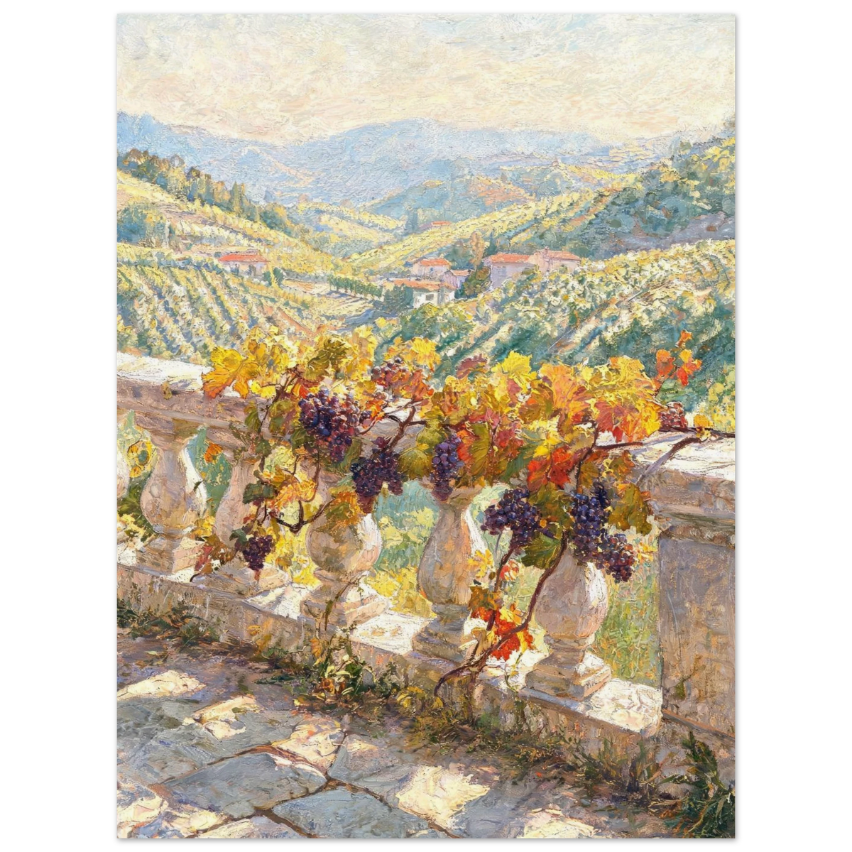 A scenic art print depicting a vineyard landscape with rolling hills, grapevines, and stone balustrades in the foreground, rendered in a warm impressionistic style.