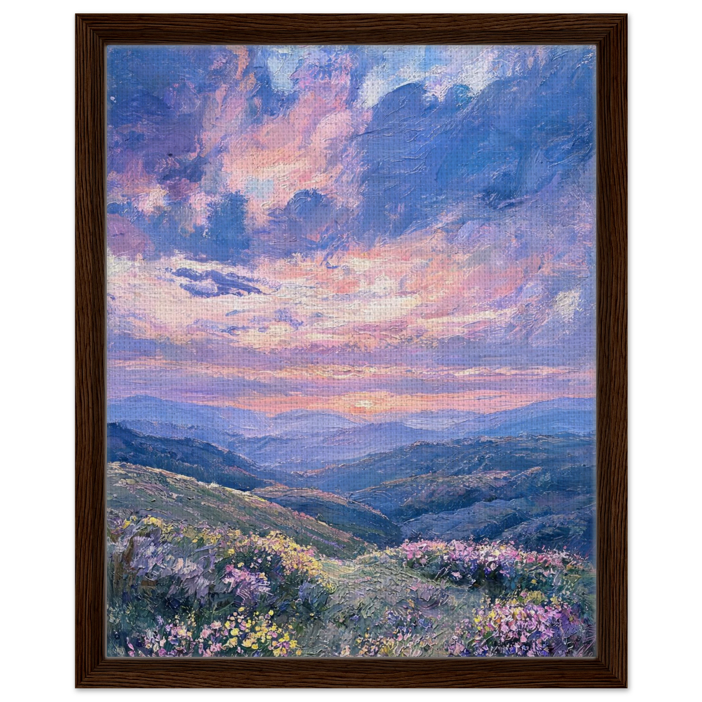 Premium framed canvas print of a majestic mountain landscape at sunset with vibrant purple and pink colors.