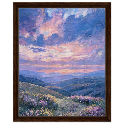 Premium framed canvas print of a majestic mountain landscape at sunset with vibrant purple and pink colors.