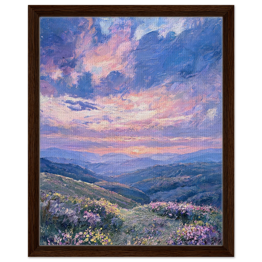 Premium framed canvas print of a majestic mountain landscape at sunset with vibrant purple and pink colors.