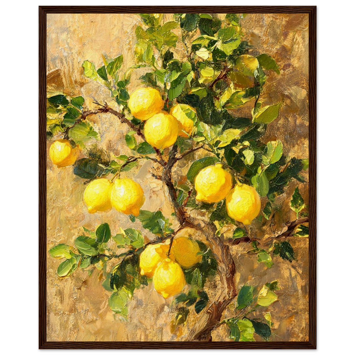 Wooden framed fine art print of an Impressionist lemon tree branch painting showcasing vibrant natural light and rich tactile textures. Dark wood frame.