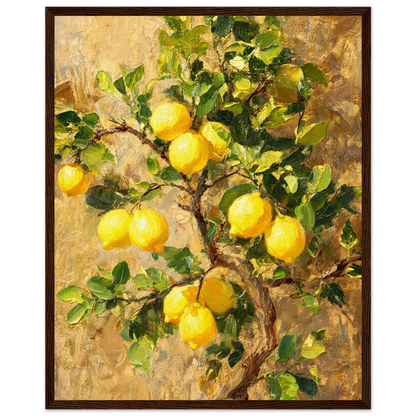 Wooden framed fine art print of an Impressionist lemon tree branch painting showcasing vibrant natural light and rich tactile textures. Dark wood frame.