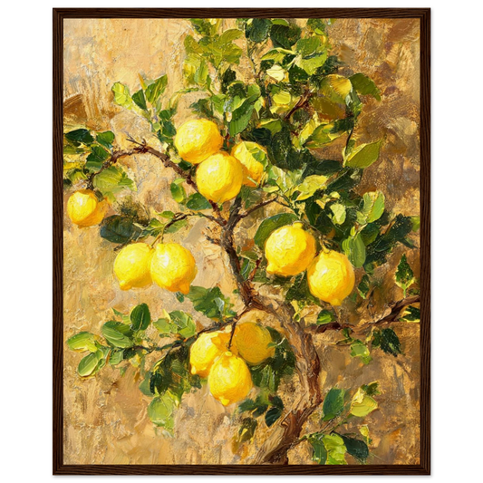 Wooden framed fine art print of an Impressionist lemon tree branch painting showcasing vibrant natural light and rich tactile textures. Dark wood frame.