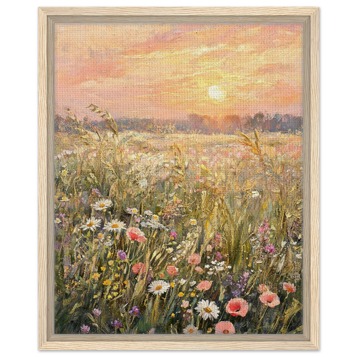 Framed canvas art print depicting a vibrant wildflower meadow at sunset, featuring a light wood frame on a white background.