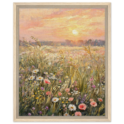 Framed canvas art print depicting a vibrant wildflower meadow at sunset, featuring a light wood frame on a white background.