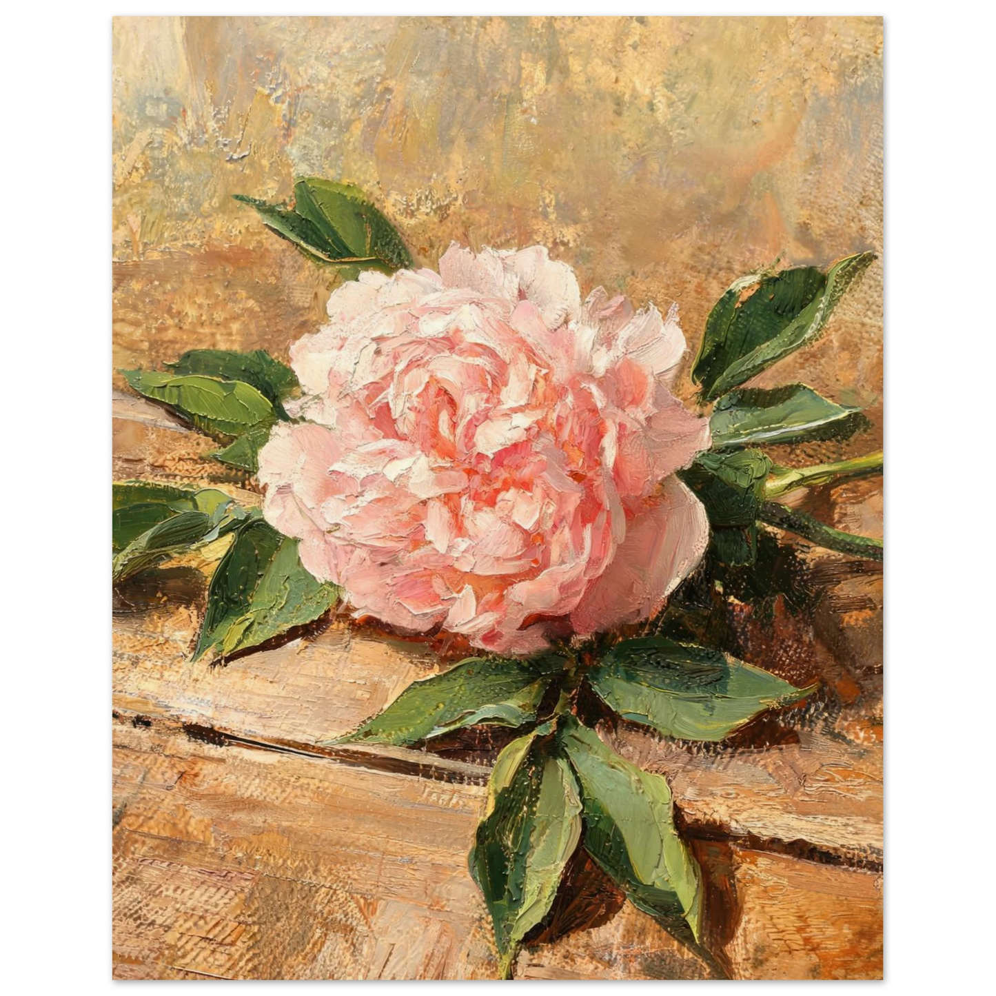 Fine art print of an Impressionist soft pink peony flower featuring delicate petal textures and dreamy pastel oil painting tones.