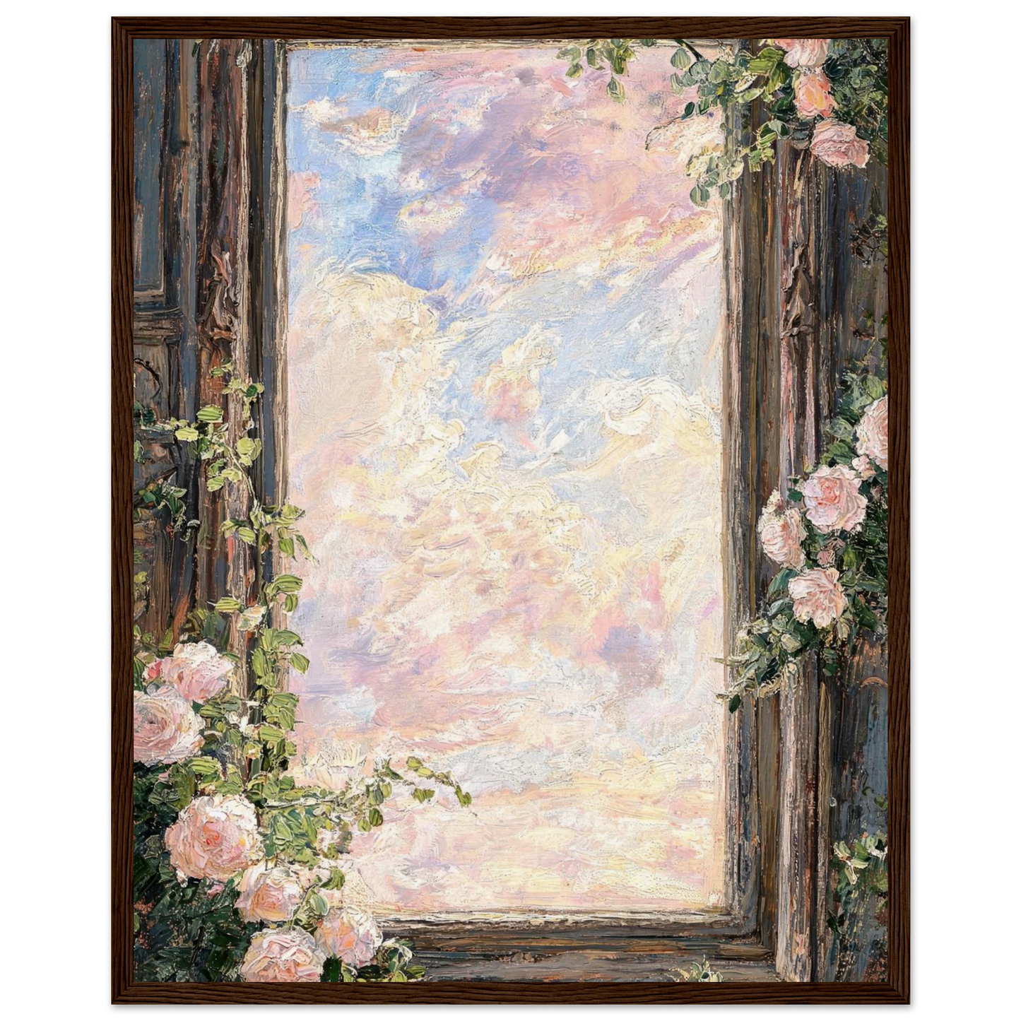 Wooden framed fine art print of a vintage window with pink roses and pastel sky, ready to hang.