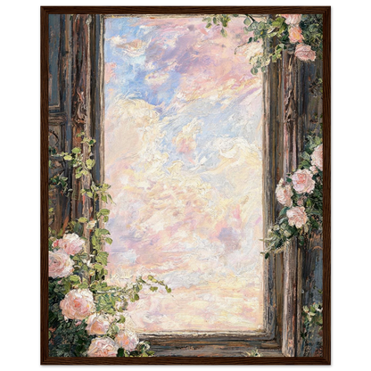 Wooden framed fine art print of a vintage window with pink roses and pastel sky, ready to hang.