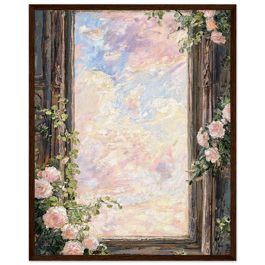 Wooden framed fine art print of a vintage window with pink roses and pastel sky, ready to hang.