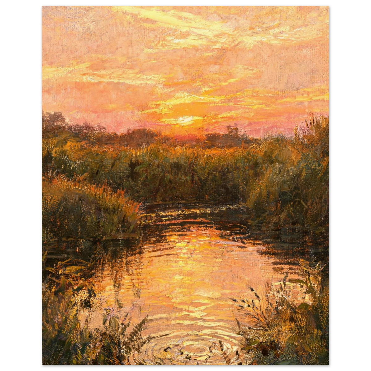 Fine art print of a serene river reflecting a warm golden sunset with textured brushstrokes.