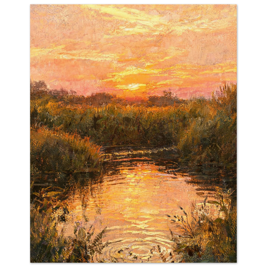 Fine art print of a serene river reflecting a warm golden sunset with textured brushstrokes.