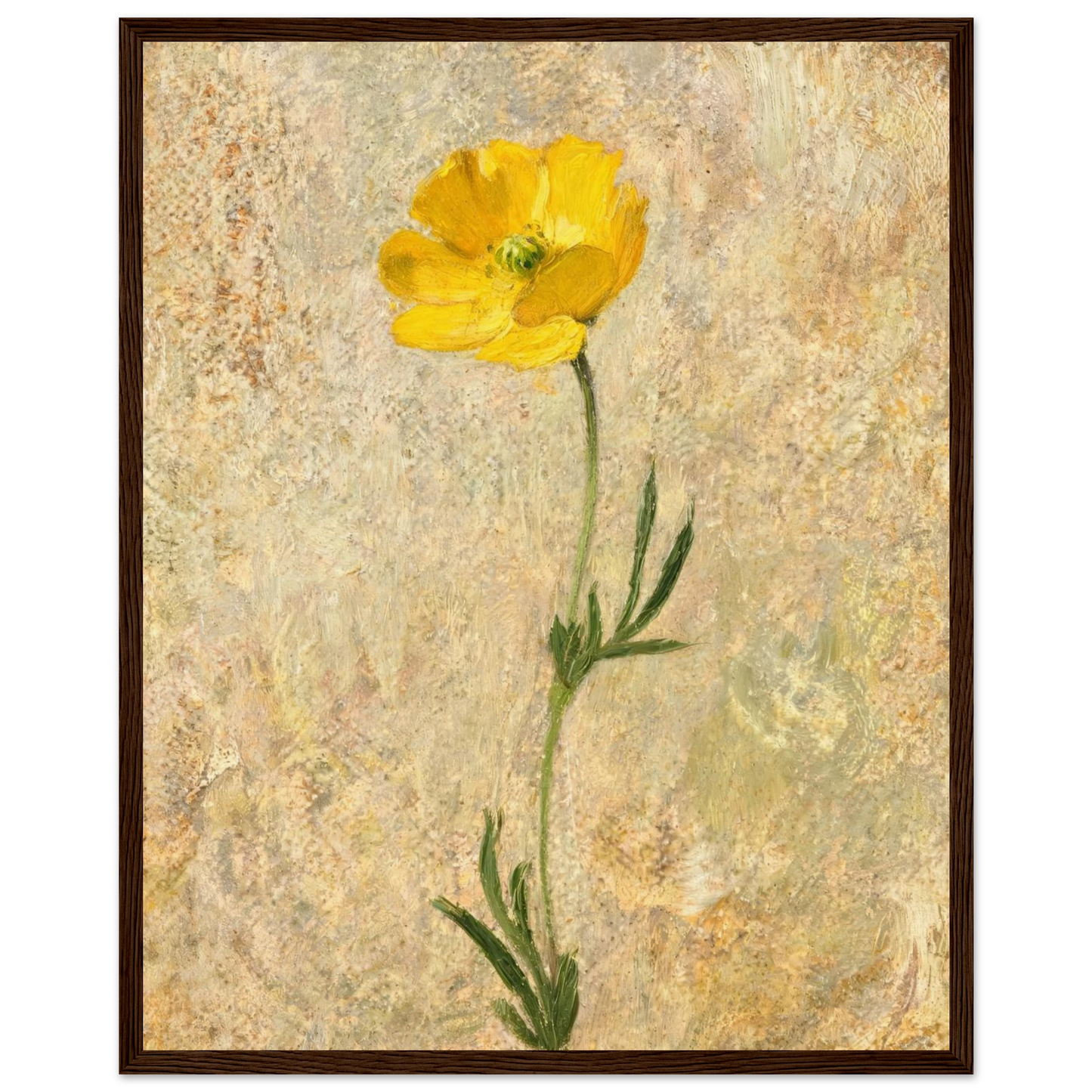 Wooden framed fine art print of an Impressionist single yellow poppy oil painting showcasing warm textures and a ready-to-hang wooden frame.