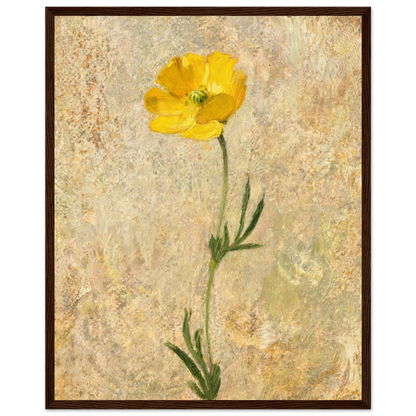 Wooden framed fine art print of an Impressionist single yellow poppy oil painting showcasing warm textures and a ready-to-hang wooden frame.