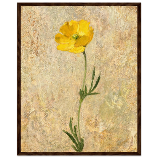 Wooden framed fine art print of an Impressionist single yellow poppy oil painting showcasing warm textures and a ready-to-hang wooden frame.