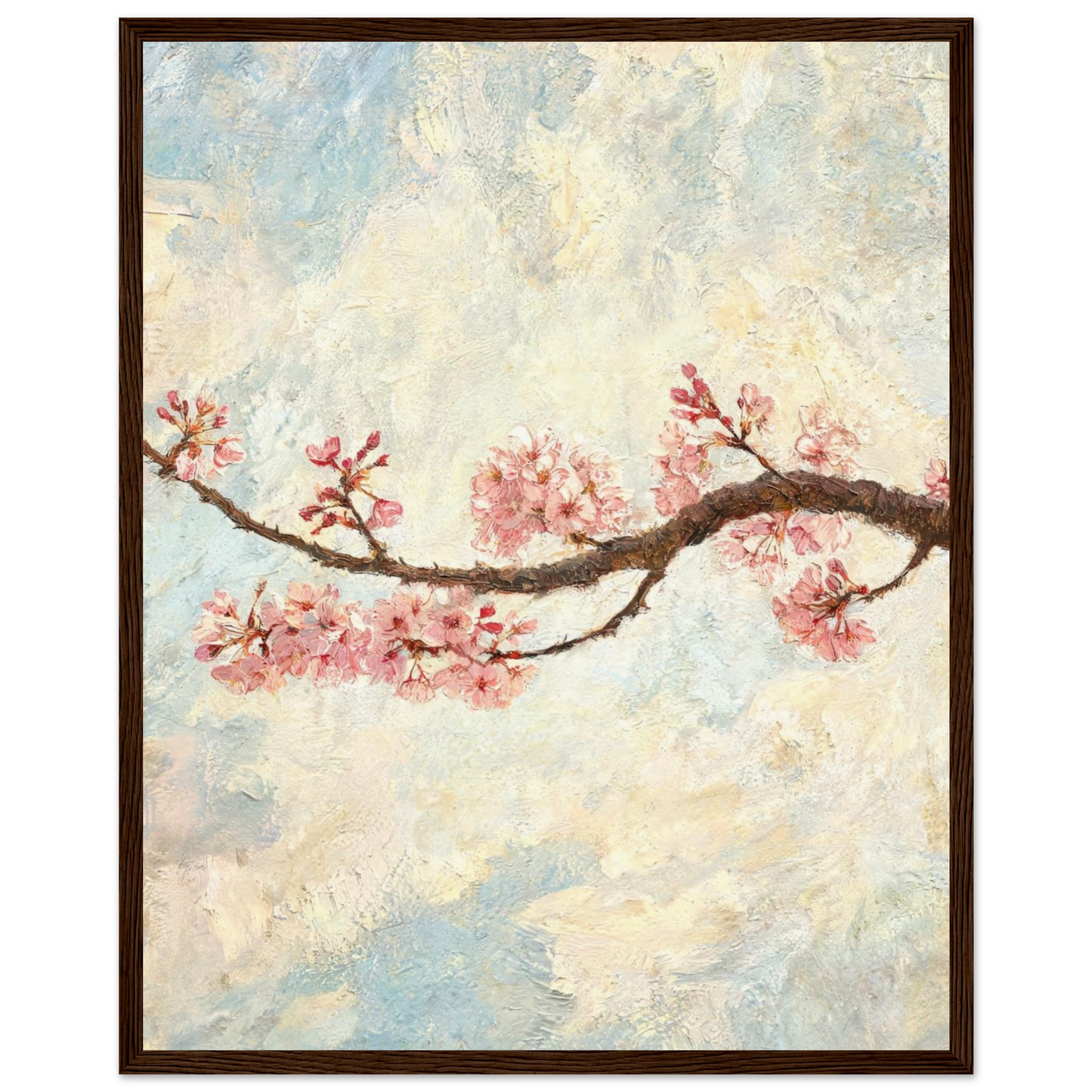 Wooden framed fine art print of an Impressionist cherry blossom branch painting showcasing vibrant light and rich tactile textures.