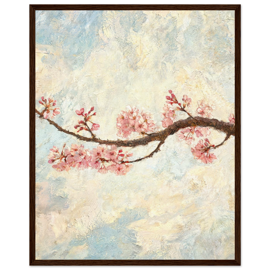 Wooden framed fine art print of an Impressionist cherry blossom branch painting showcasing vibrant light and rich tactile textures.