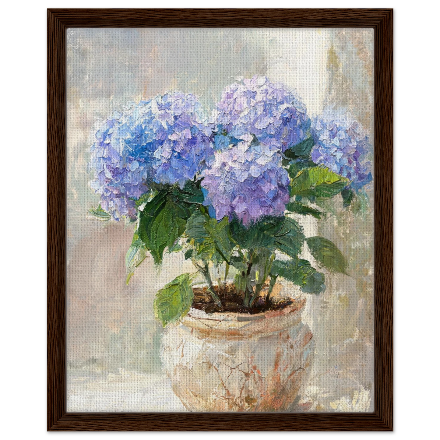 Framed canvas print of an Impressionist blue hydrangea painting mounted in a sleek frame for a polished gallery presentation.