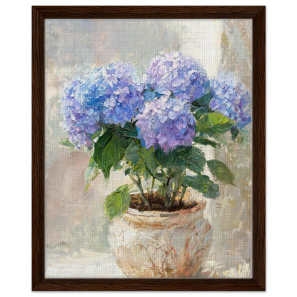Framed canvas print of an Impressionist blue hydrangea painting mounted in a sleek frame for a polished gallery presentation.