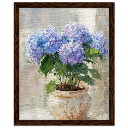 Framed canvas print of an Impressionist blue hydrangea painting mounted in a sleek frame for a polished gallery presentation.
