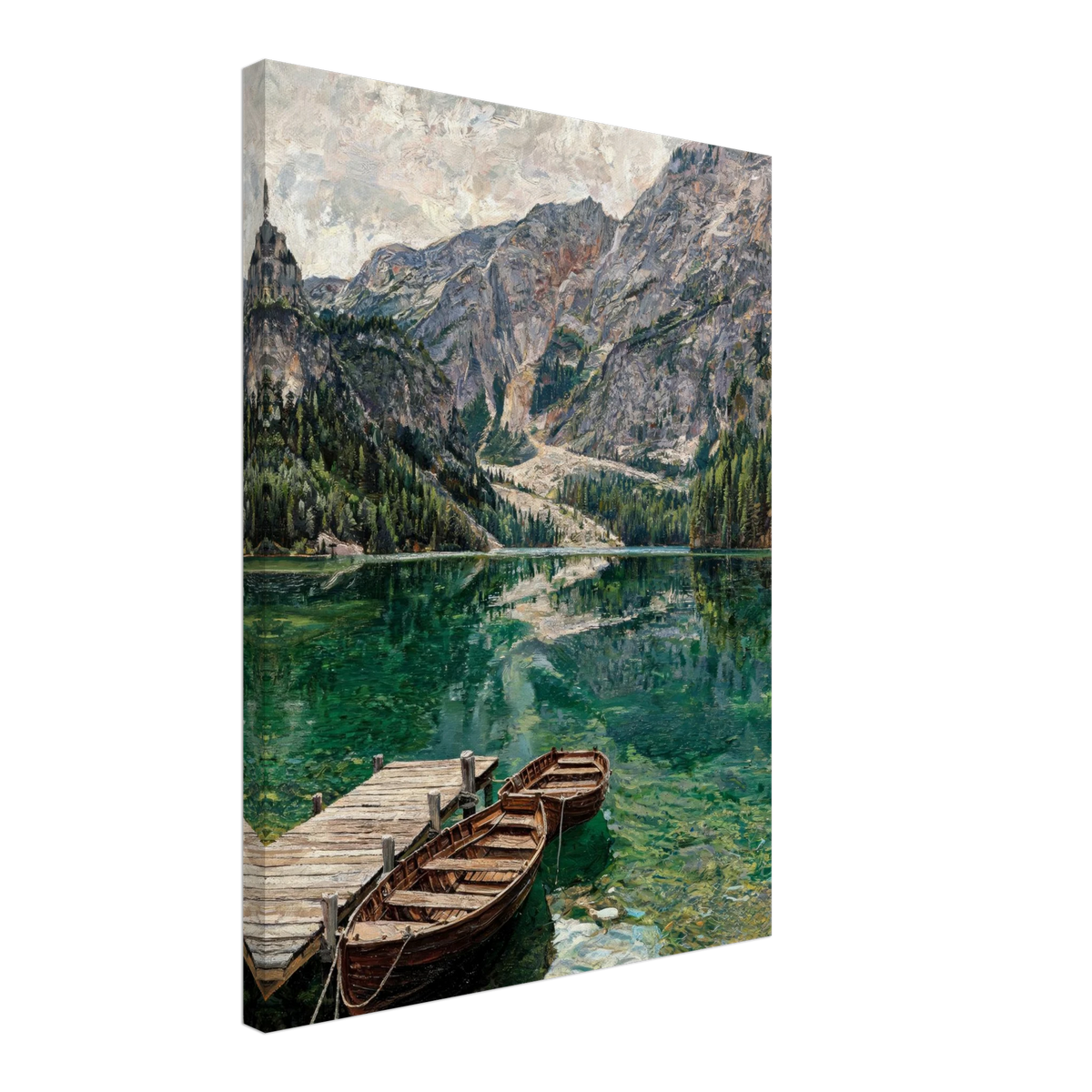 A vertical canvas wall art print depicting a scenic mountain lake with wooden boats in the foreground, shown at a three-quarter angle against a plain white background.