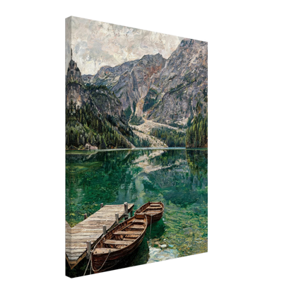 A vertical canvas wall art print depicting a scenic mountain lake with wooden boats in the foreground, shown at a three-quarter angle against a plain white background.