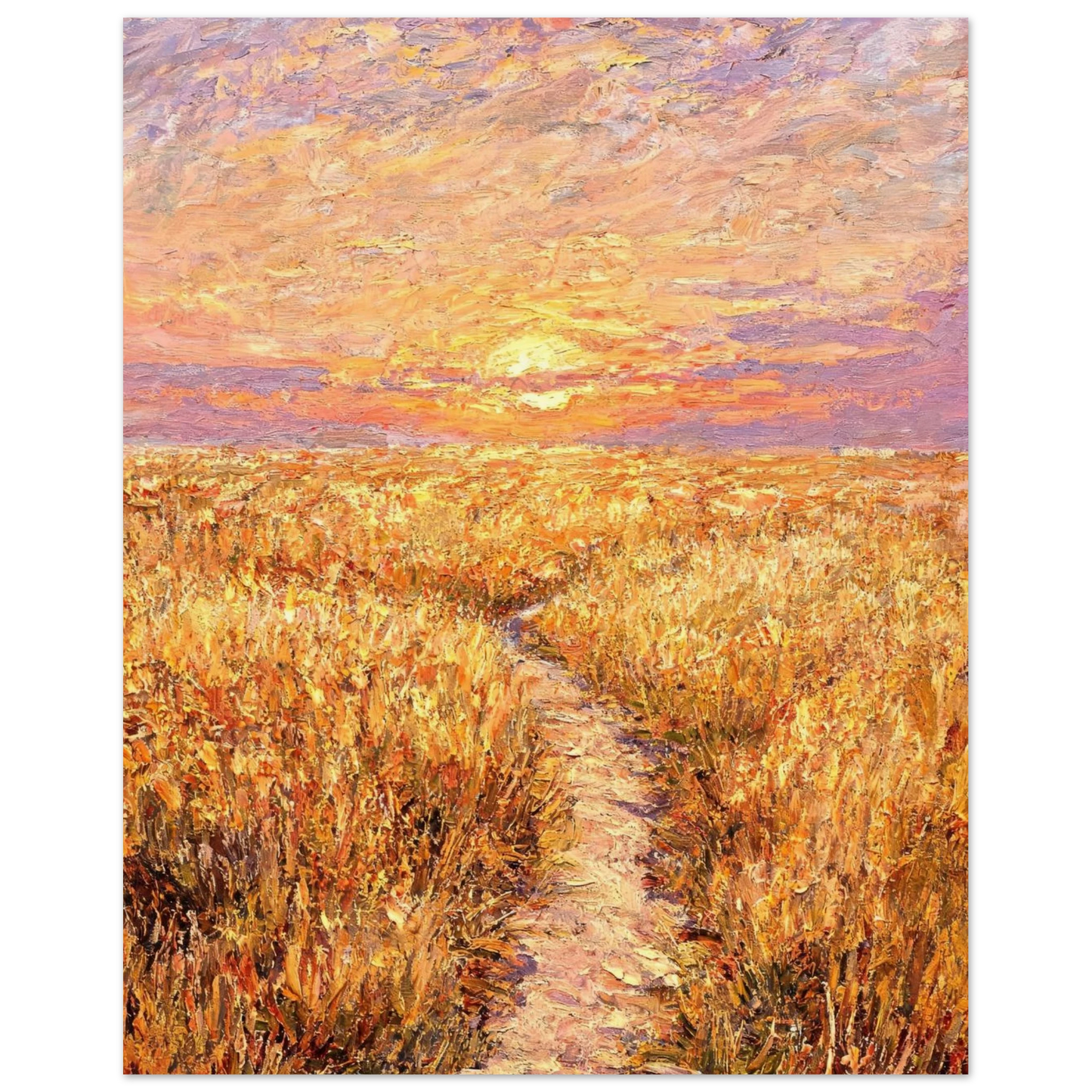 Fine art print of a winding path through a golden grass field under a vibrant sunset sky.