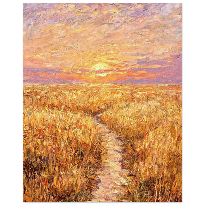 Fine art print of a winding path through a golden grass field under a vibrant sunset sky.