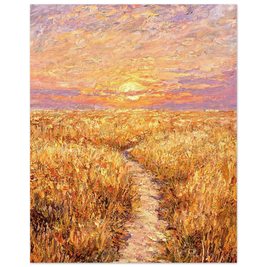 Fine art print of a winding path through a golden grass field under a vibrant sunset sky.