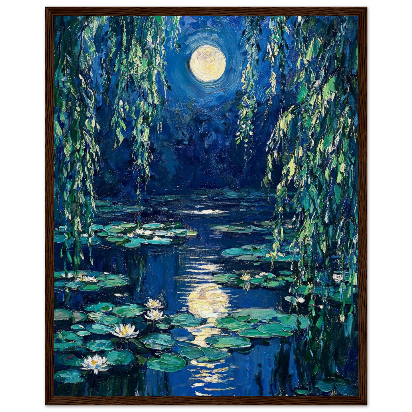 Moonlit Water Lilies ready-to-hang wooden framed poster by Vintstep