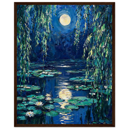 Moonlit Water Lilies ready-to-hang wooden framed poster by Vintstep