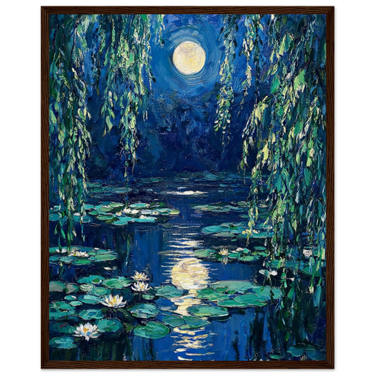 Moonlit Water Lilies ready-to-hang wooden framed poster by Vintstep