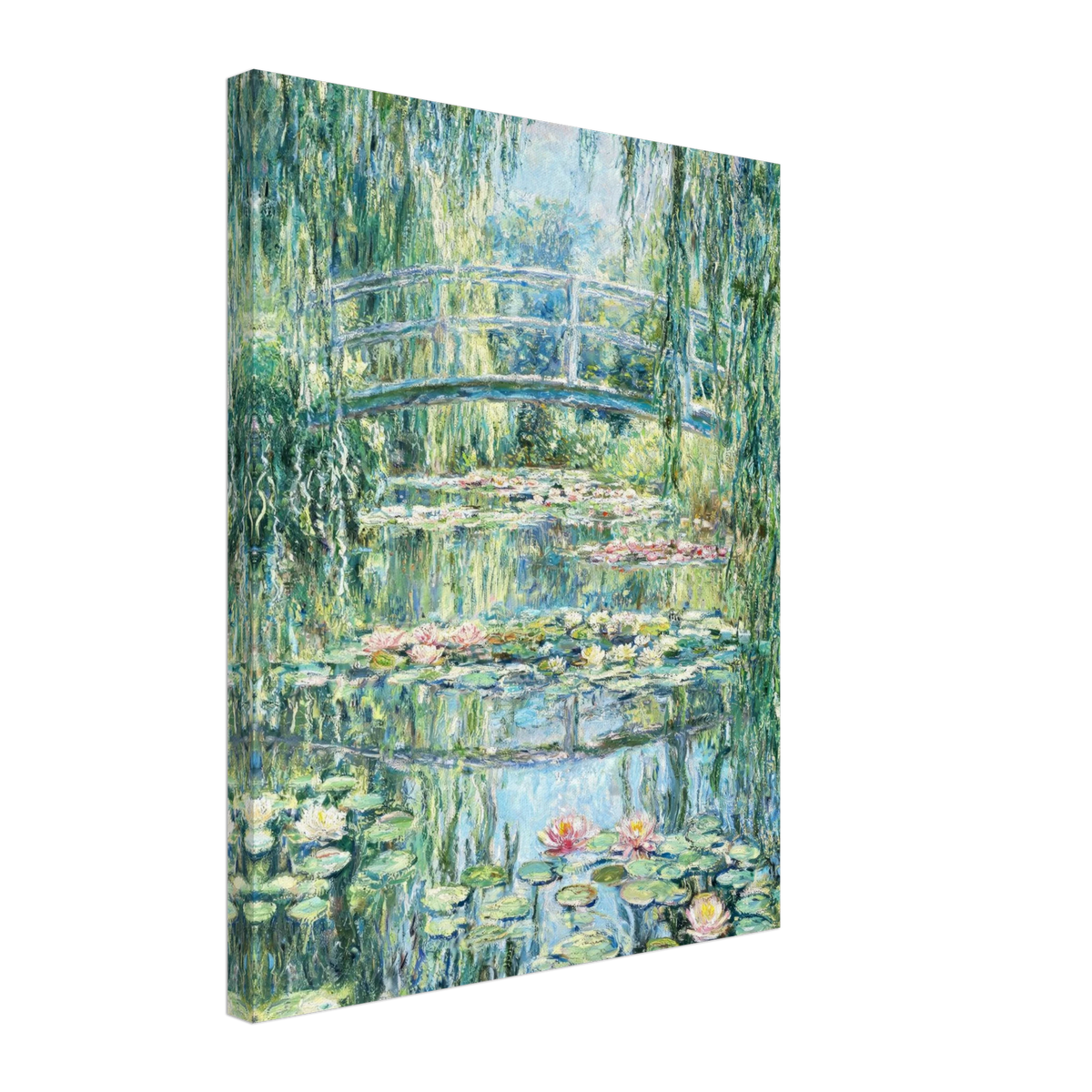 A vertical canvas wall art print depicting a Monet-style garden pond scene with a white arched bridge, water lilies, and green weeping willows, shown at a slight angle on a white background.