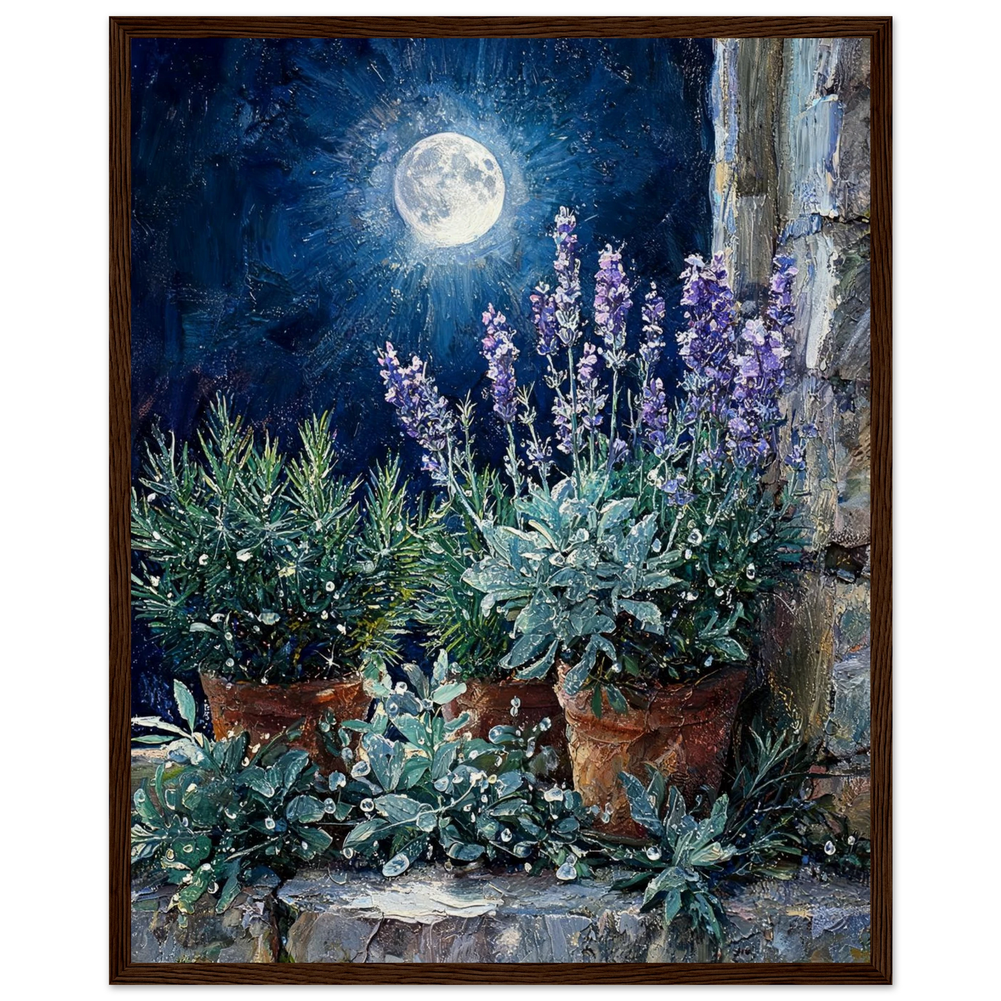 Moonlit Herb Garden ready-to-hang wooden framed poster by Vintstep