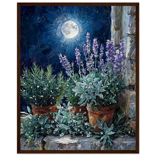 Moonlit Herb Garden ready-to-hang wooden framed poster by Vintstep