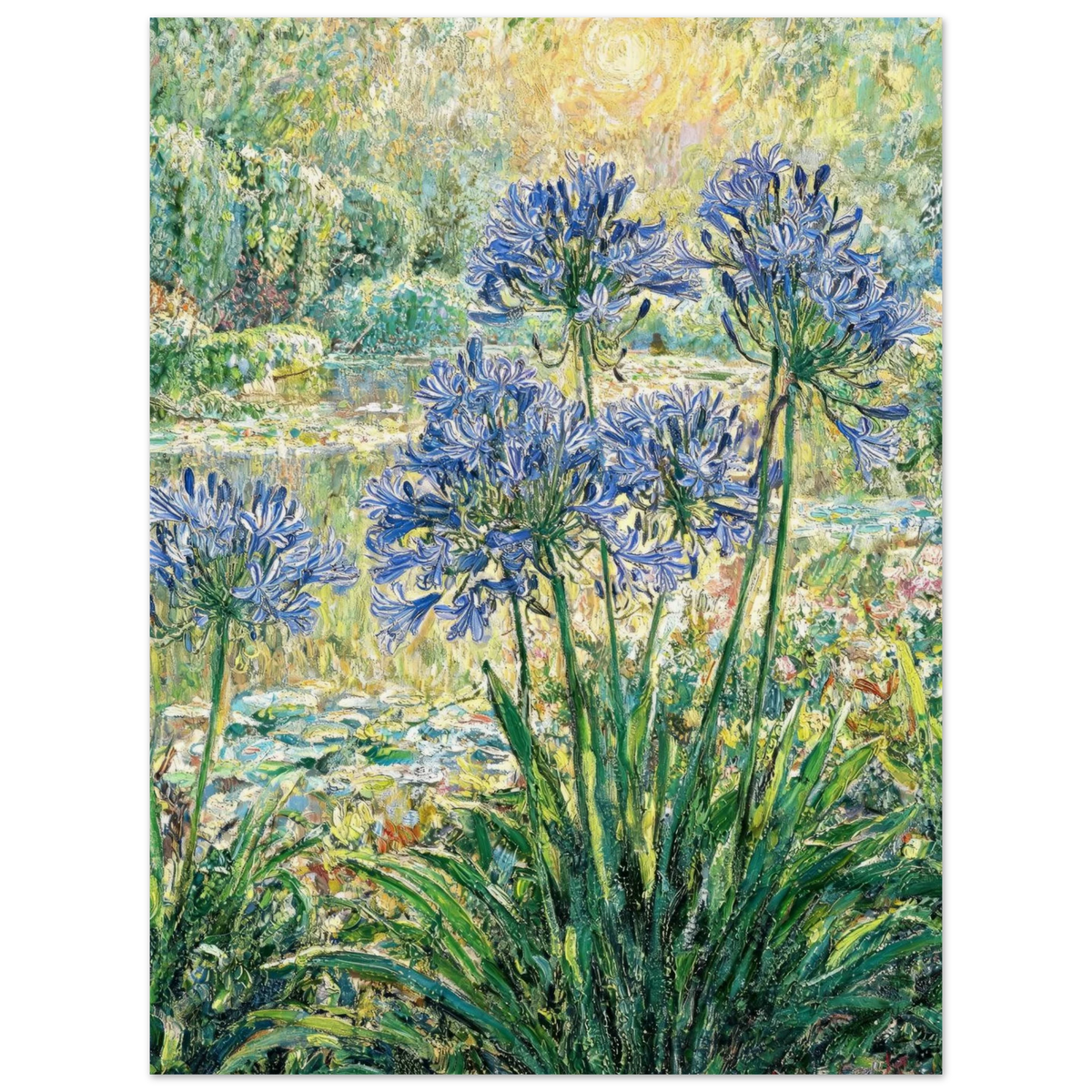 Impressionist-style garden painting featuring blue agate flowers in the foreground, with green foliage, water lilies, and a sunlit pond background.