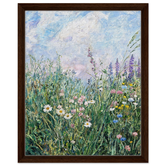 Premium framed canvas print of a lush wildflower meadow and open sky landscape.
