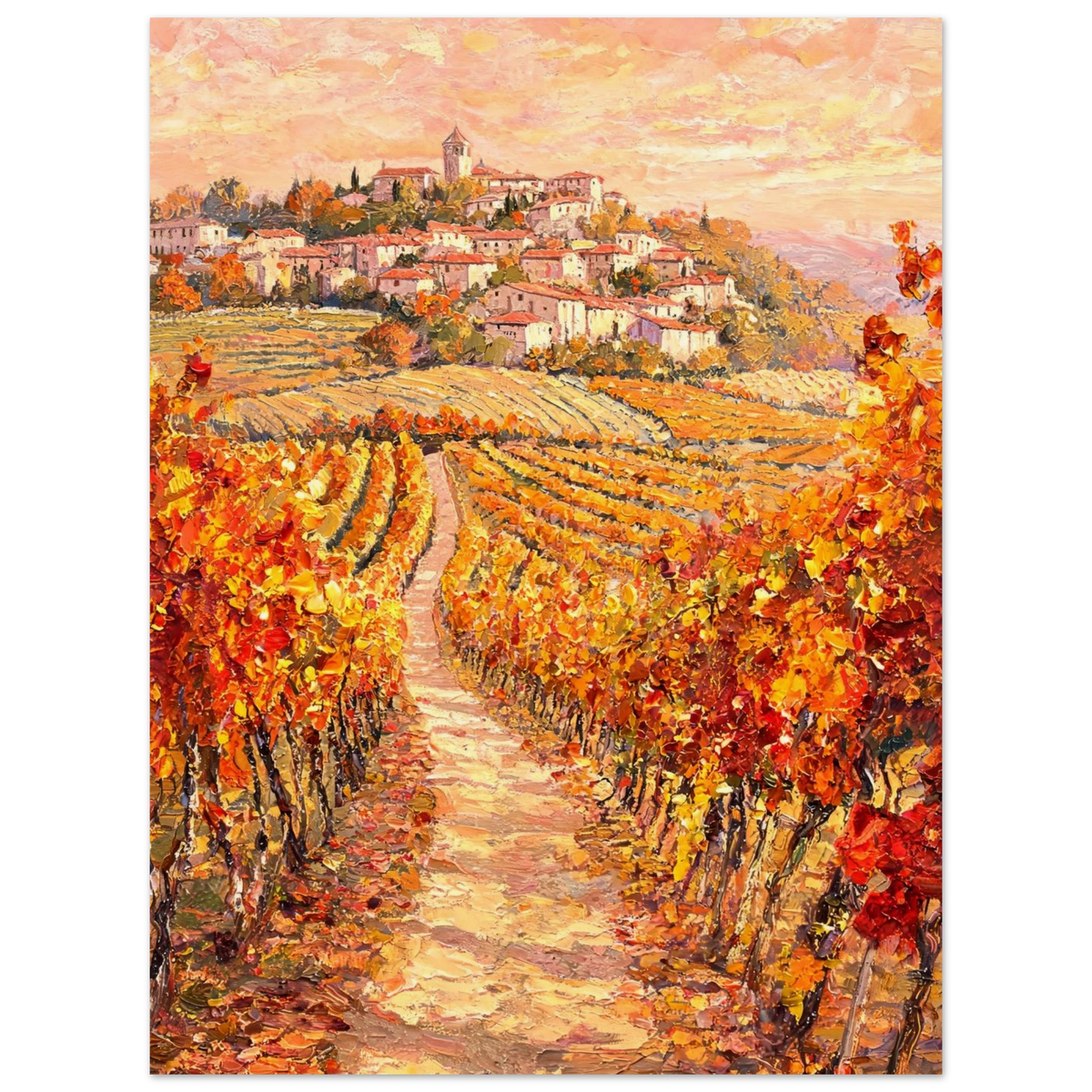 Impressionistic oil painting of an autumn vineyard landscape with a winding path leading to a hillside village under a warm orange and yellow sky.