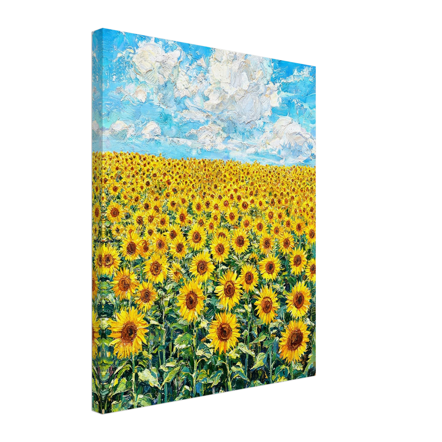 Textured canvas print of a radiant yellow flower field and soft sky landscape.