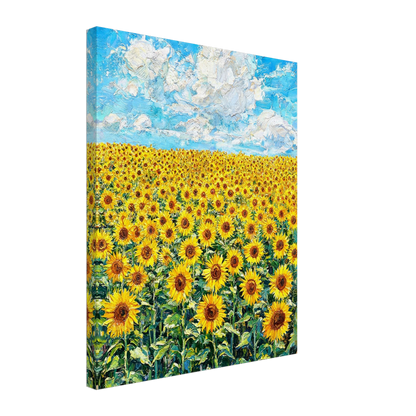 Textured canvas print of a radiant yellow flower field and soft sky landscape.