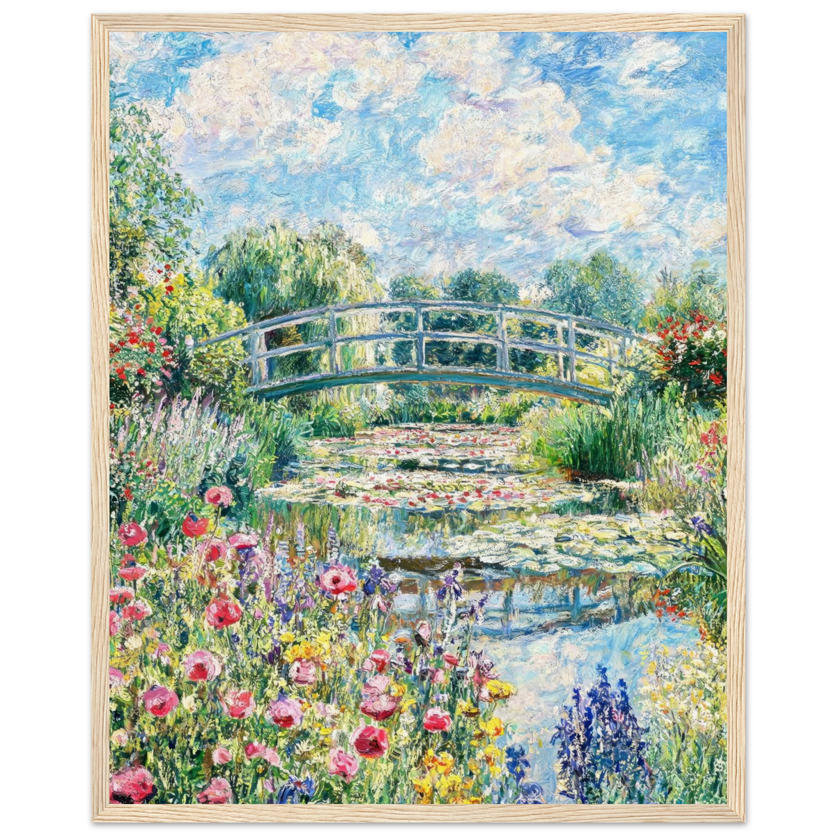Sunny Japanese Bridge and Flower Garden Wooden Framed Poster | Vintstep