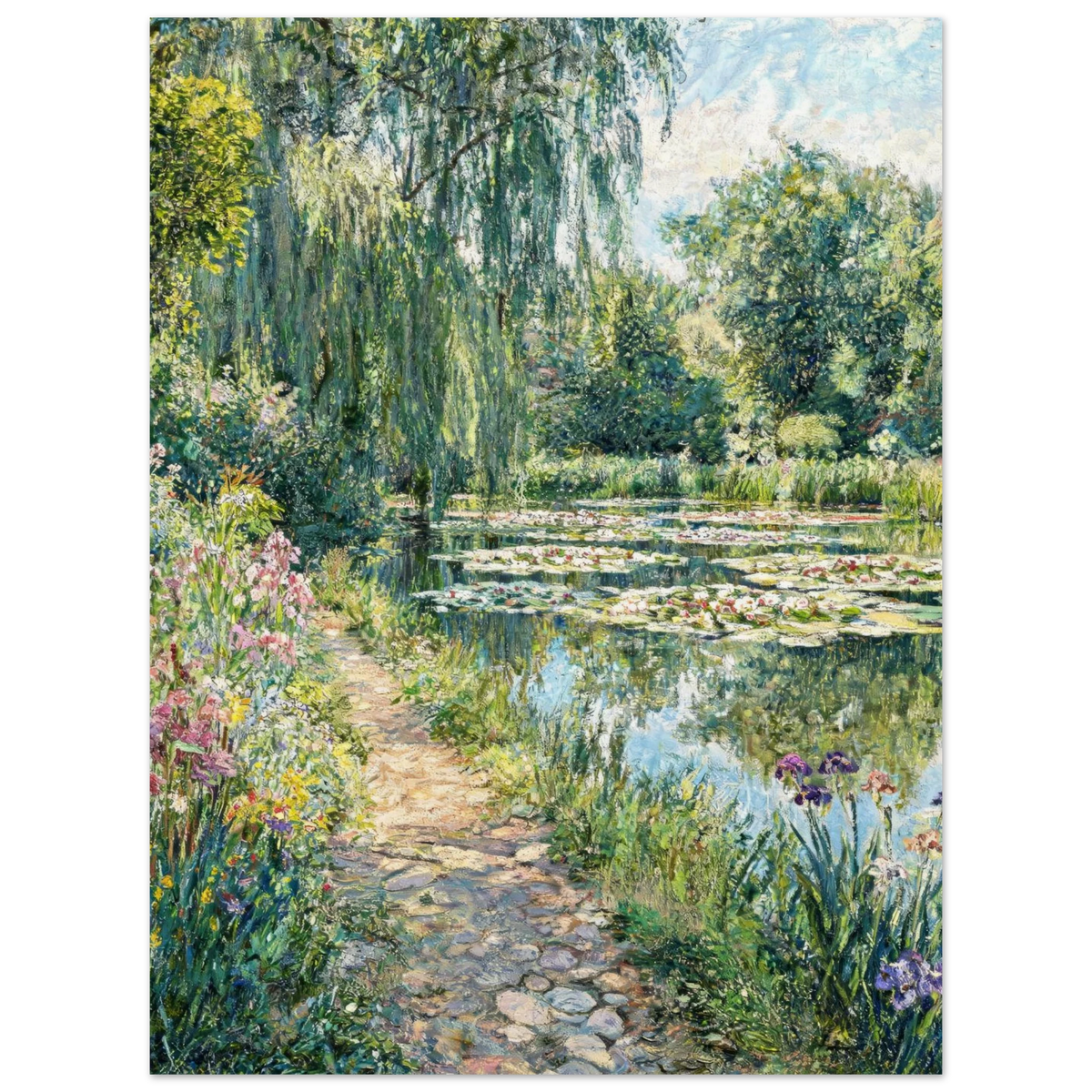 A garden pond scene painting with a stone path, weeping willows, flowers, and lily pads under a bright sky, shown centered on a white background.