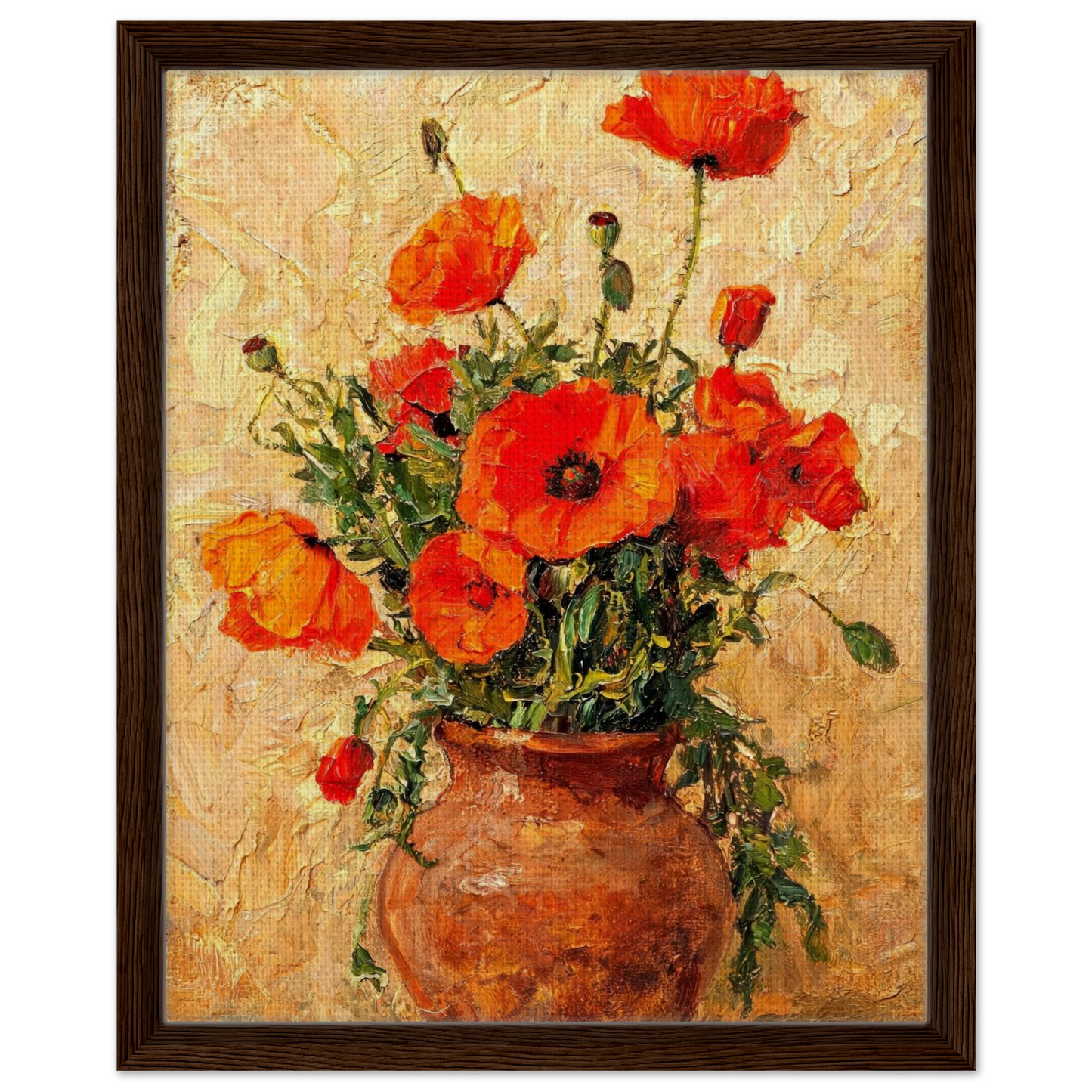 Framed canvas print of an Impressionist red poppy painting mounted in a sleek frame for a polished gallery presentation.