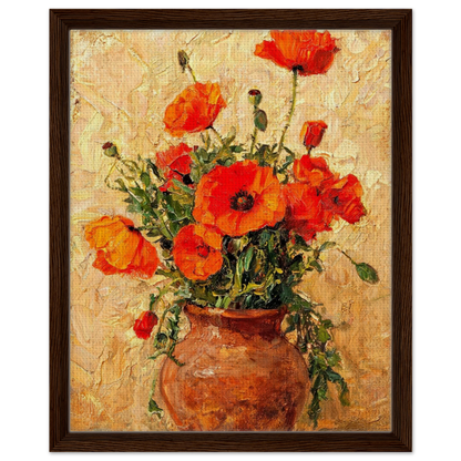 Framed canvas print of an Impressionist red poppy painting mounted in a sleek frame for a polished gallery presentation.