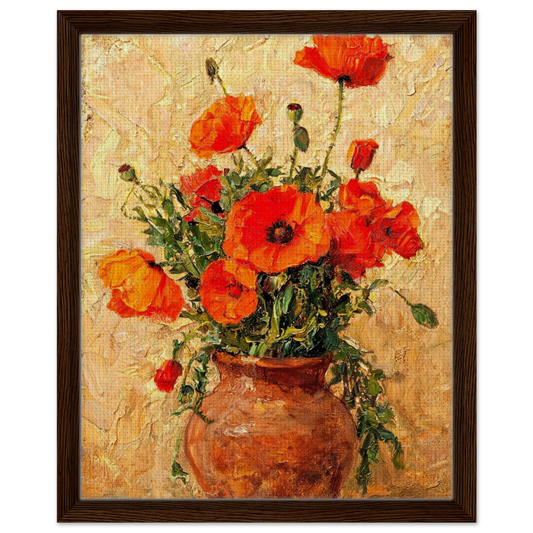 Framed canvas print of an Impressionist red poppy painting mounted in a sleek frame for a polished gallery presentation.